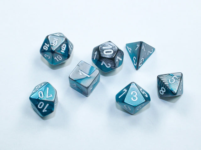 Steel-Teal / White: Gemini Mini-Polyhedral Dice Set (7's) CHX 20656