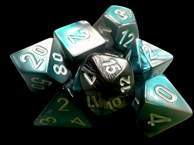Steel-Teal / White: Gemini Mini-Polyhedral Dice Set (7's) CHX 20656