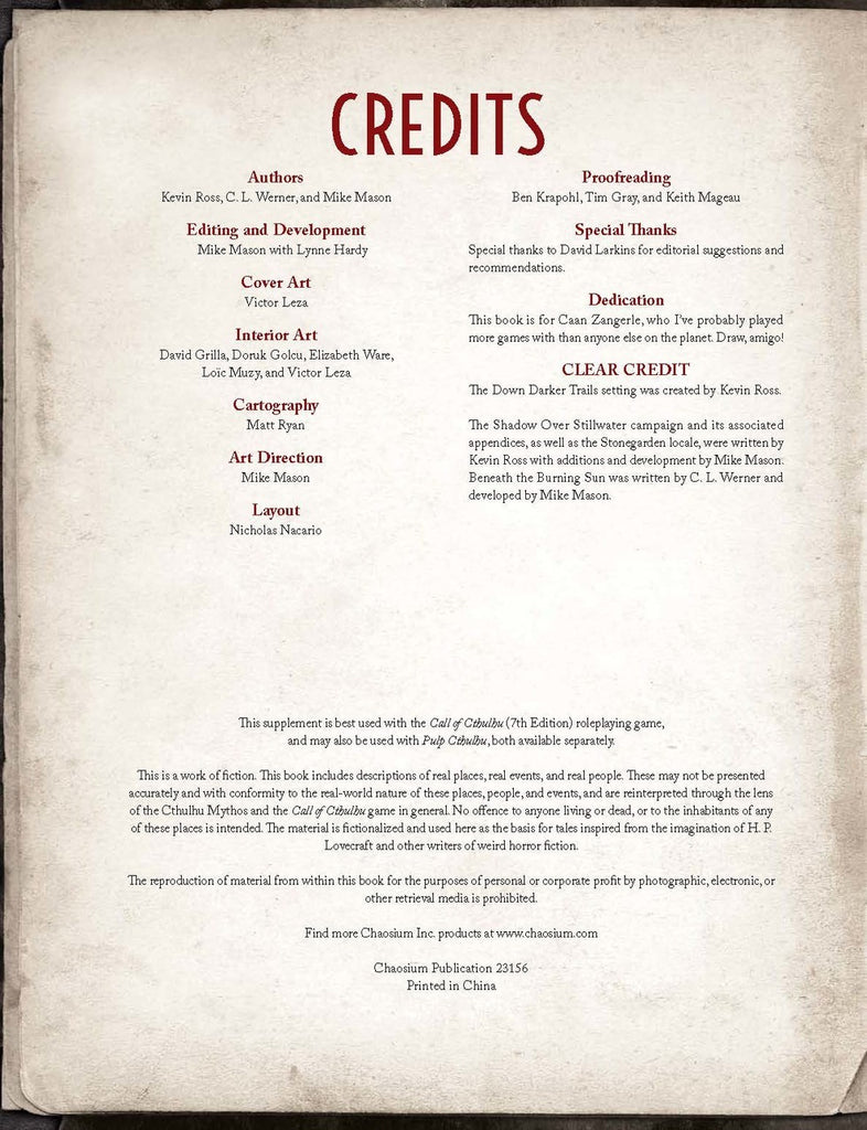 Call of Cthulhu RPG: Against the Mythos in the Down Darker Trails Setting - Shadows over Stillwater (Hardcover) CHA 23156-H