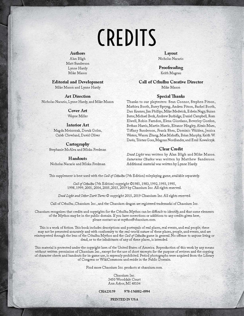 Call of Cthulhu RPG: Dead Light & Other Dark Turns CHA 23159