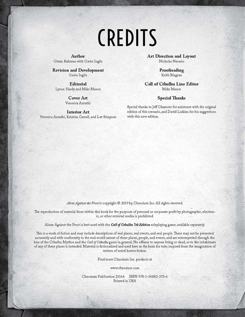 Call of Cthulhu RPG: Alone Against the Frost CHA 23164