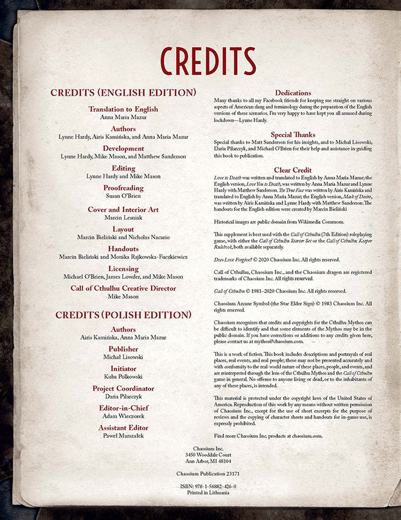 Call of Cthulhu RPG: Does Love Forgive? CHA 23172