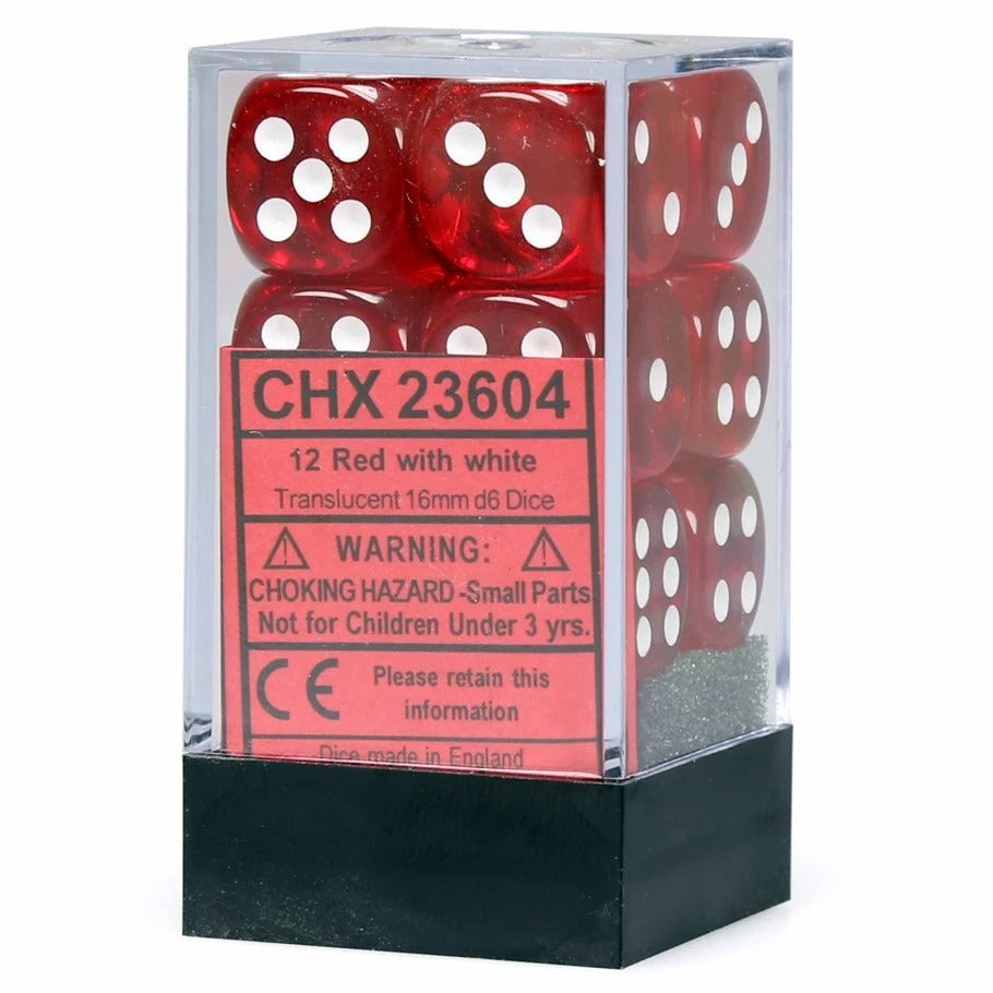 Red with White: Translucent 12d6 16mm Dice Set CHX 23604
