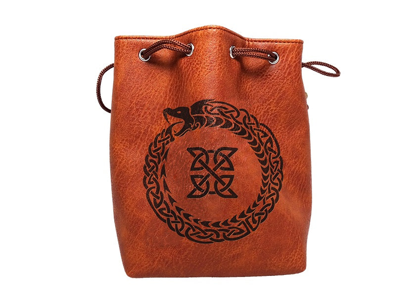 Brown Leather Lite Ouroboros Design Self-Standing Large Dice Bag ERD 540