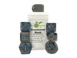 Polyhedral Dice: Translucent Black (Smoke) with Light Blue Numbers - Set of 7 R4I 50105-7B