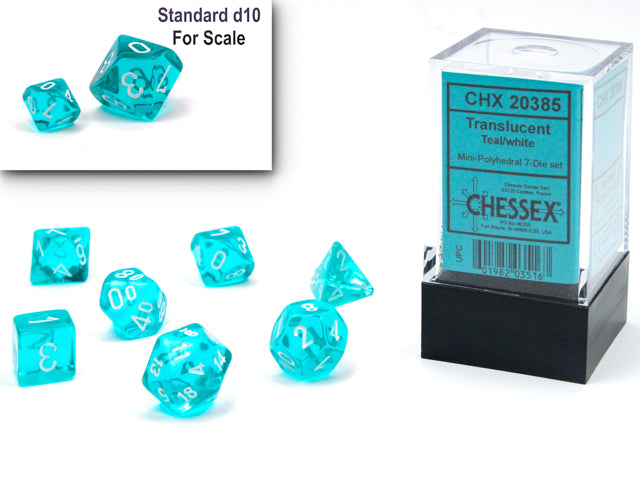 Teal / White: Translucent Mini-Polyhedral Dice Set (7's) CHX 20385