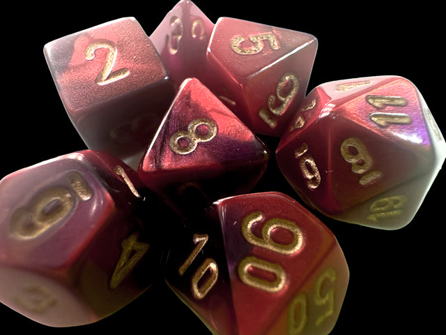 Purple-Red / Gold: Gemini Mini-Polyhedral Dice Set (7's) CHX 20626
