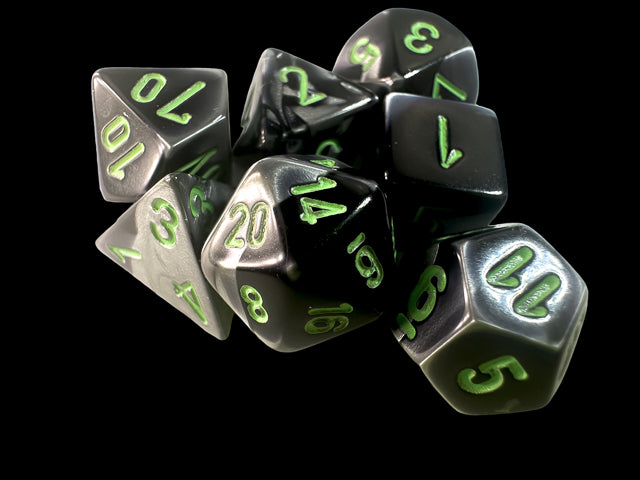 Black-Grey / Green: Gemini Mini-Polyhedral Dice Set (7's) CHX 20645