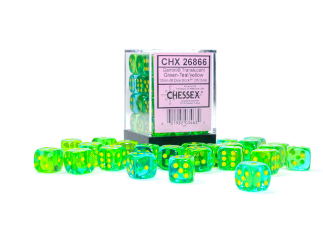 Translucent Green-Teal / Yellow: Gemini 36d6 12mm Dice Block CHX 26866
