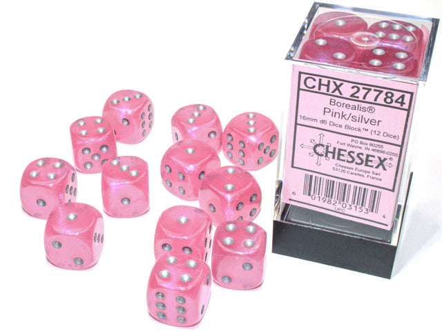 Pink / Silver Luminary: Borealis 12d6 16mm Dice Block CHX 27784