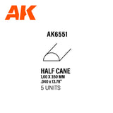 Styrene Half Cane - 1.00 x 350mm x 5 Units LTG AK-6551