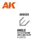 Styrene Angle - 1.50 x 1.50 x 350mm x 4 Units LTG AK-6559