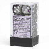 Purple-Steel / White: Gemini 12d6 16mm Dice Block CHX 26632