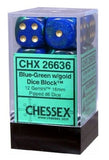 Blue-Green / Gold: Gemini 12d6 16mm Dice Set CHX 26636