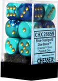 Blue-Teal / Gold: Gemini 12d6 16mm Dice Block CHX 26659