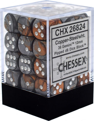 Copper-Steel / White: Gemini 12mm 36d6  Dice Set CHX 26824