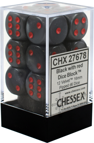 Black / Red: Velvet 12d6 16mm Dice Set CHX 27678