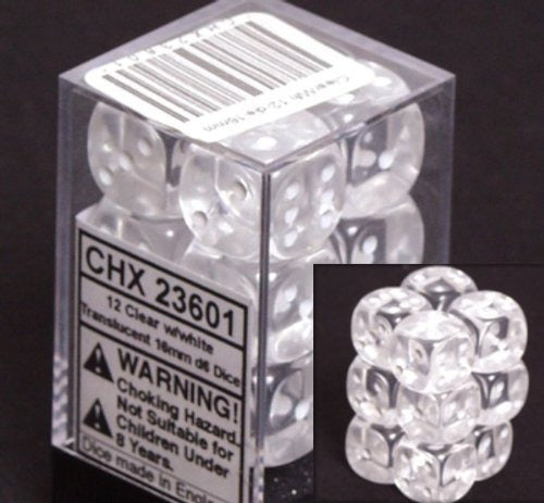Clear with White: Translucent 12d6 16mm Dice Set  CHX 23601