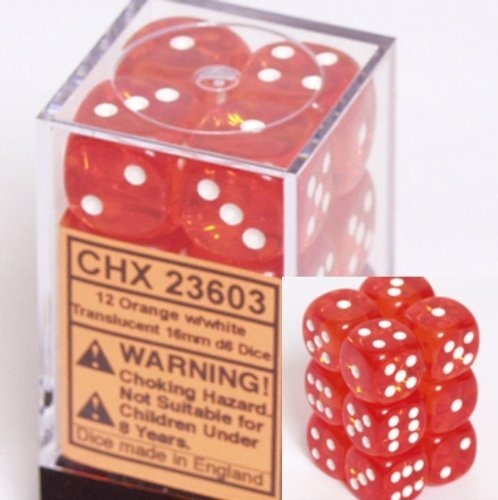 Orange with White: Translucent 12d6 16mm Dice Set CHX 23603