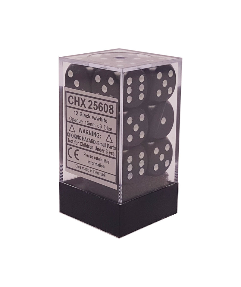 Black with White: Opaque 12d6 16mm Dice Set CHX 25608
