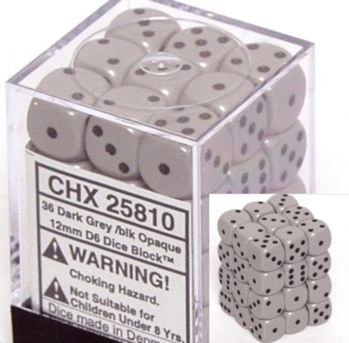 Grey with Black: Opaque 36d6 12mm Dice Block CHX 25810