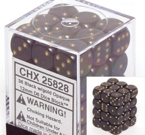 Black with Gol: Opaque 36d6 12mm Dice Block CHX 25828