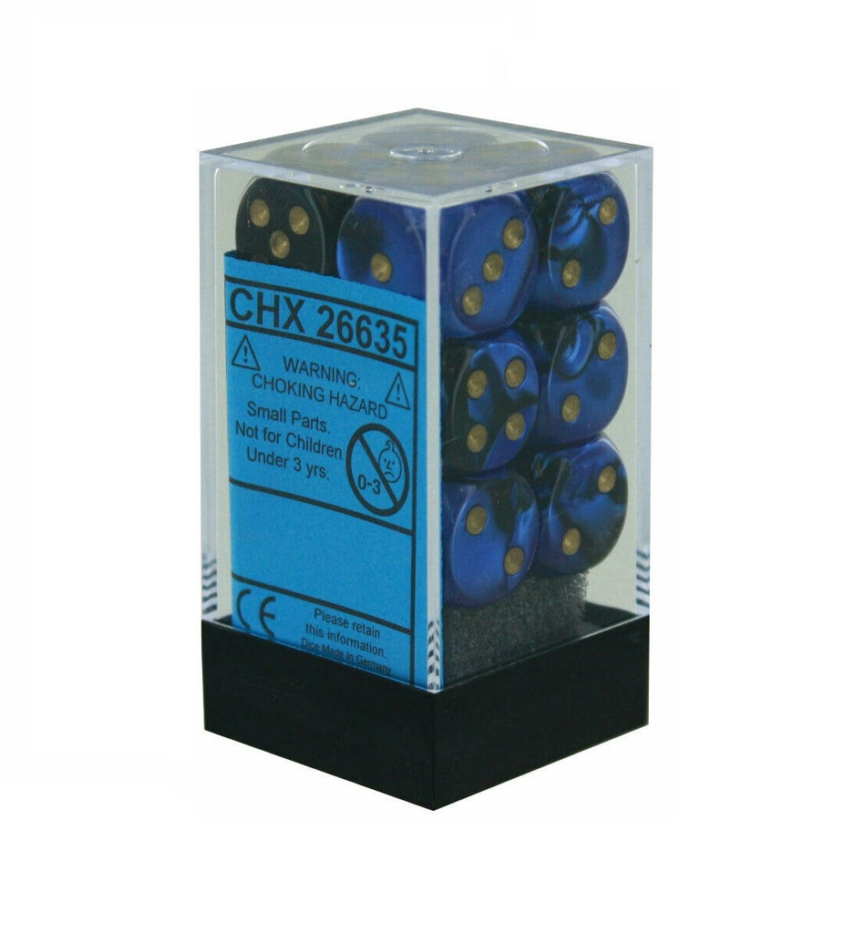 Black-Blue with Gold: Gemini 12d6 16mm Dice Set CHX 26635
