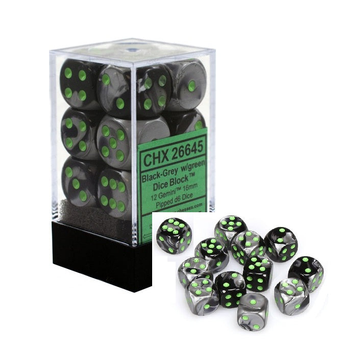Black-Grey with Green: Gemini 12d6 16mm Dice Set CHX 26645