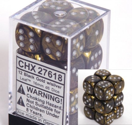 Black Gold with Silver: Leaf 12d6 16mm Dice Set CHX 27618