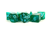 Stardust Green w/ Blue Numbers 16mm Polyhedral Dice Set MET 178