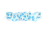 16mm Resin Flash Dice Poly Dice Set: Clear with Light Blue Numbers MET 680