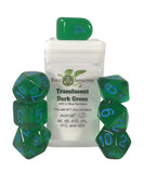Polyhedral Dice: Translucent Dark Green with Light Blue Numbers - Set of 7 R4I 50112-7B