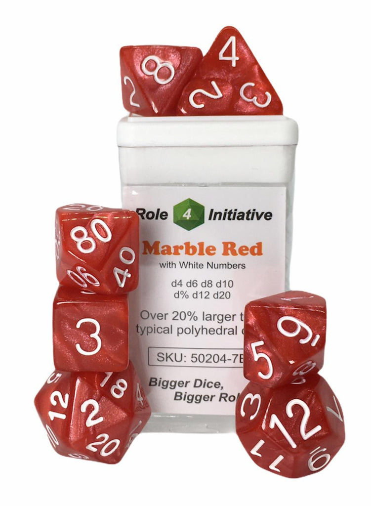 Polyhedral Dice: Marble Red w/ White Numbers - Set of 7 R4I 50204-7B