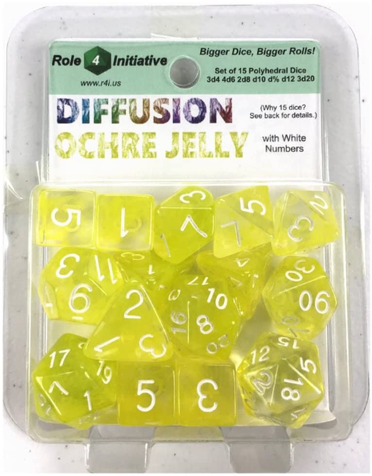 Polyhedral Dice: Diffusion Ochre Jelly with White Numbers - Set of 15 R4I 50405-FB