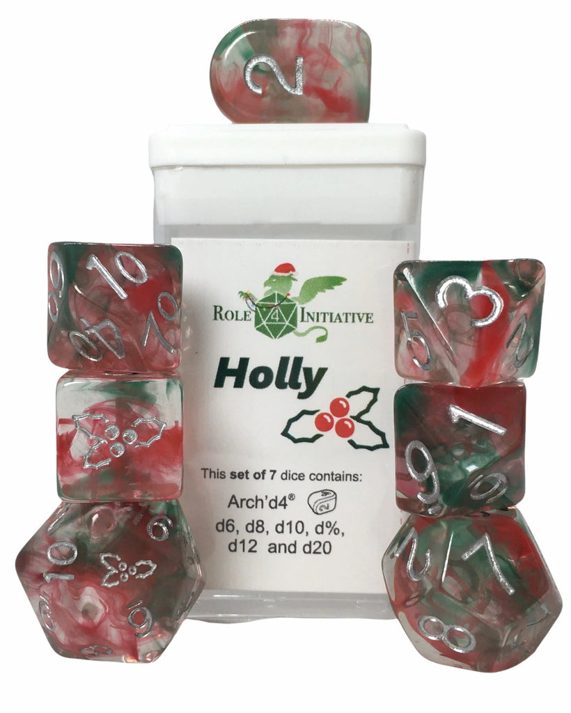Polyhedral Dice: Holidice - Sets of 7 w/ Arch'd4 (Holly) R4I 50905-7C